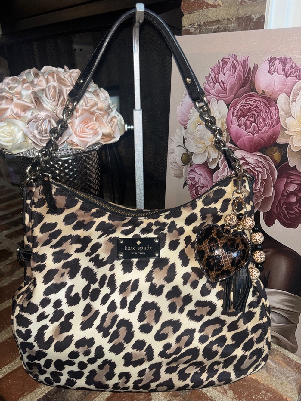 kate spade Leopard Print story book lining Shoulder Bag with Heart Charm